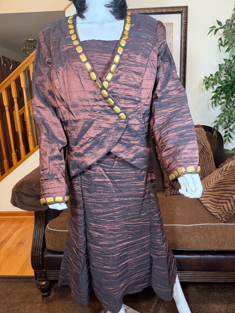 GMI Women Two-Piece Satin-Look Jacket & Skirt Set in Bronze and Black